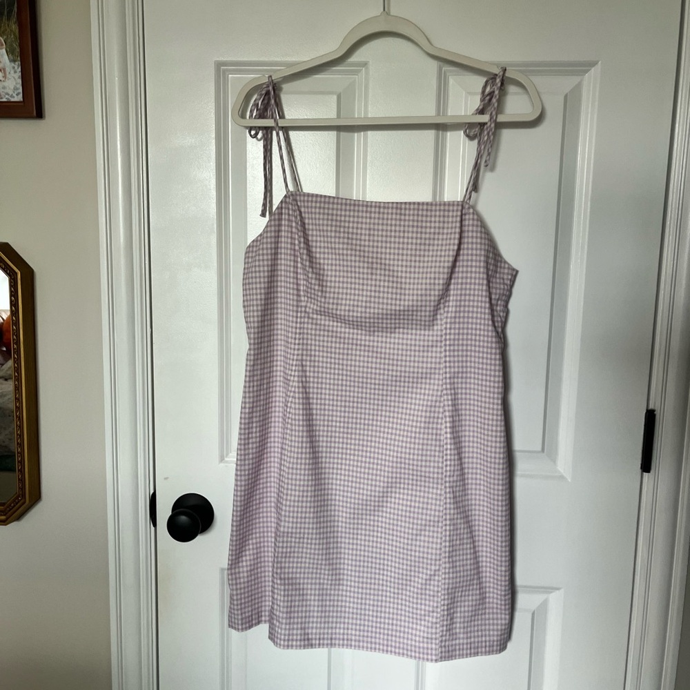 LUSH Size L Purple and White Gingham Checkered Tie Strap Mini Summer Dress